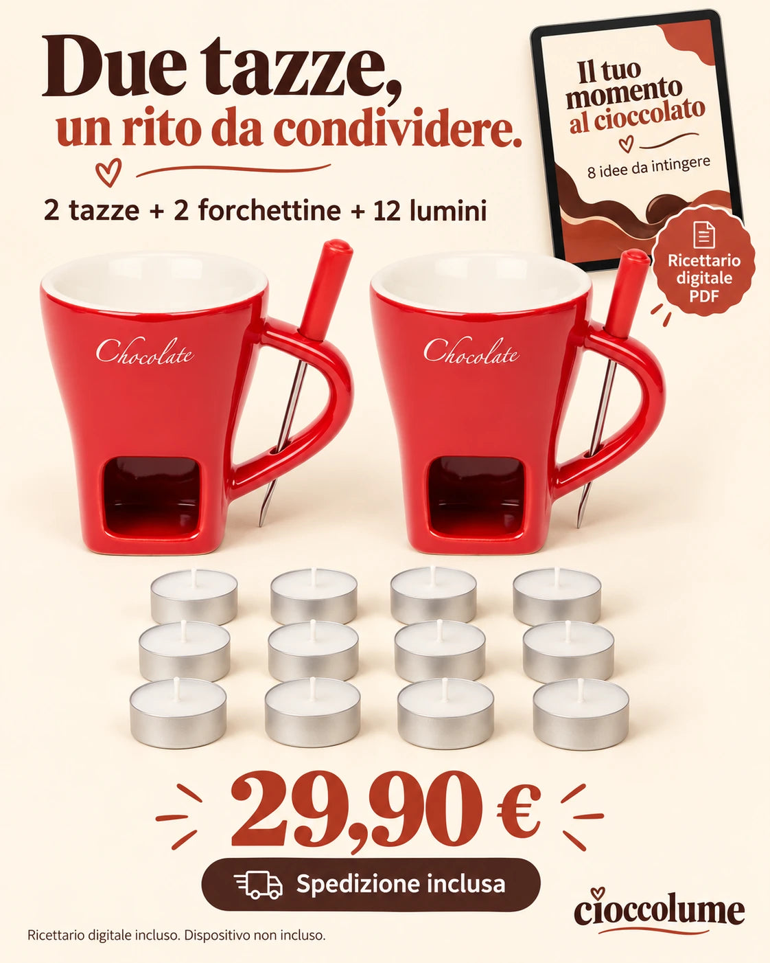 Set doppio con due tazze, due forchettine, dodici lumini e ricettario PDF a 29,90 euro.
