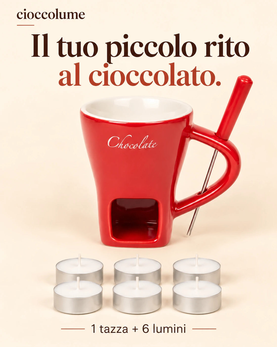 Tazza rossa per fonduta al cioccolato con forchettina e sei lumini inclusi nel set singolo.
