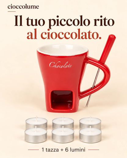 Tazza rossa per fonduta al cioccolato con forchettina e sei lumini inclusi nel set singolo.